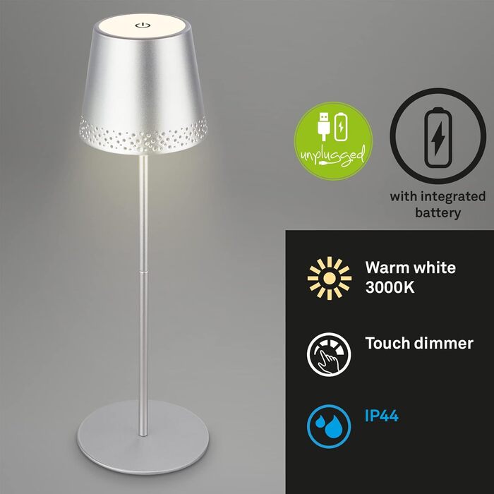 LED настільна лампа BRILONER бездротова з сенсорним керуванням, димер, регулювання висоти, для дому та кемпінгу, хром матовий, 38x12 см